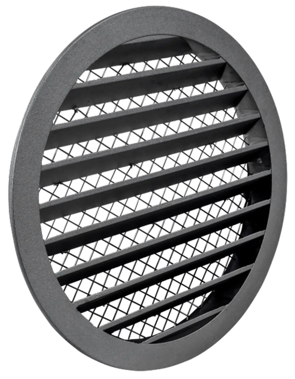 Wetterschutzgitter in runder Form und dunkler Farbe mit horizontalen Lamellen, geeignet für die Außen- oder Fortluft von Wolf.